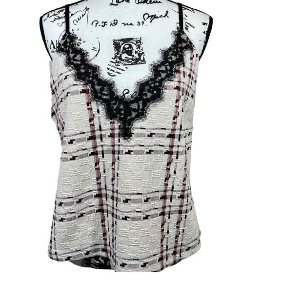 Zara Cream top women texture sleeveless black lace blouse size L bohemian boho - Picture 1 of 15